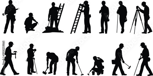 Construction workers silhouettes tools surveying building labor teamwork field flat vector