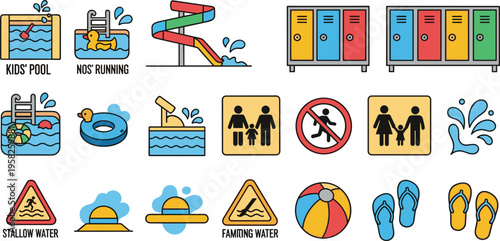 Swimming pool safety and water activity icon set featuring kids area slides lockers rules warnings and summer recreation vector