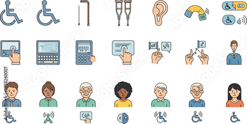Accessibility and assistive technology icon set featuring wheelchair hearing aids communication devices inclusive support symbols flat vector illustration