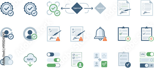 Business process and document workflow icon set featuring approval verification sync checklist compliance and digital management vector illustration