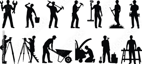 Workers silhouettes construction tools labor trades engineering maintenance flat vector