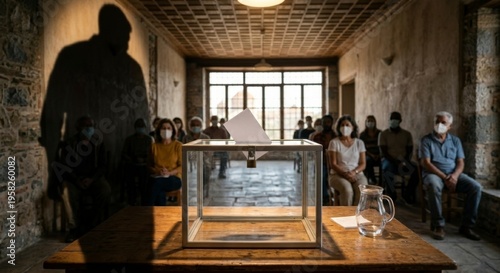 People Wearing Face Masks Waiting in Row Behind Transparent Ballot Box in Rustic Room