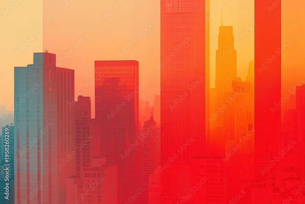 Fototapeta premium Heatwave in the city with redorange colors portraying urban life at sunset