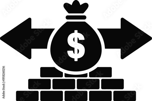 Money bag with dollar sign on solid brick foundation vector icon representing financial stability, wealth building, long term savings, secure investment, flat minimal vector illustration