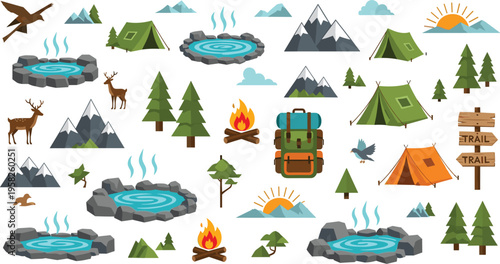 Camping and outdoor adventure icon set featuring tents campfire backpack wildlife mountains hiking nature elements flat vector illustration