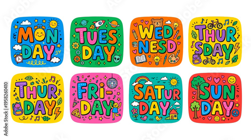 Bright and Colorful Days of the Week Icons for Educational or Planning Purposes