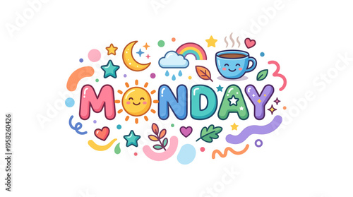 Cute Monday illustration with sun, stars, rainbow, and coffee cup, perfect for a cheerful start to the week