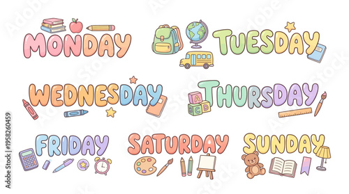 Cute cartoon set of the days of the week with school and art supplies icons, perfect for educational and creative projects