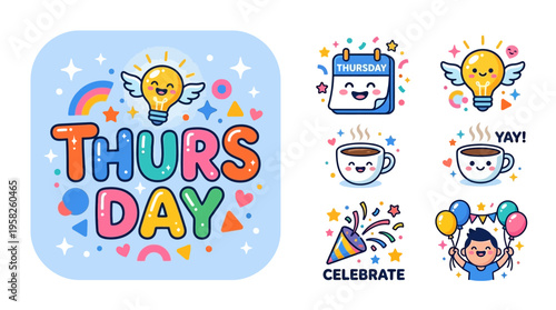 Happy Thursday illustrated icons with bright colors and cheerful characters including a calendar and coffee cups