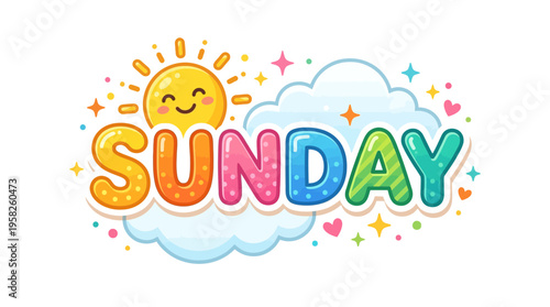 Happy Sunday illustration with a smiling sun and fluffy clouds, perfect for weekend greetings and cheerful designs