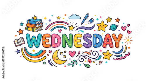 Wednesday the colorful and fun typographic illustration with stars, rainbows, and a moon, perfect for educational and cheerful content