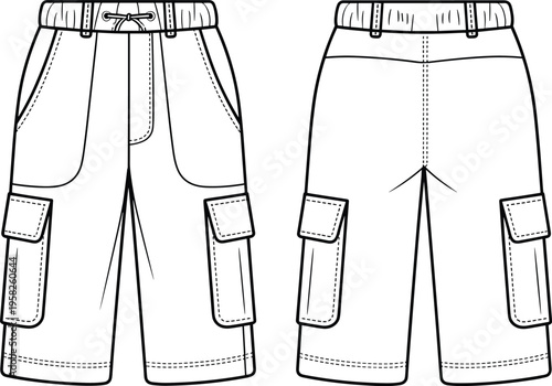 Cargo shorts front and back technical fashion flat vector illustration