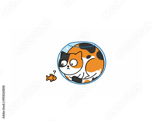 A cute cartoon illustration of a round calico cat squeezed inside a small glass fishbowl while a tiny goldfish looks on confused.