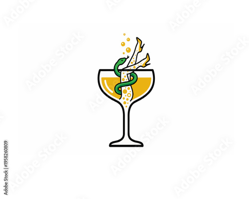 A conceptual minimalist illustration of a champagne coupe glass with elegant female legs and a green snake coiled around them.