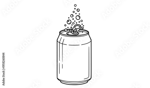 Minimal Open Beverage Can Outline Icon with Carbonation Bubbles Black Vector on White Background