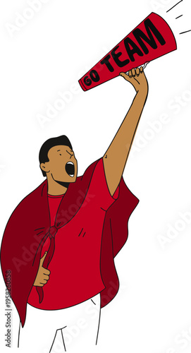 Soccer fans on the stadium stands cheering and celebrating a goal or victory. Vector illustration.