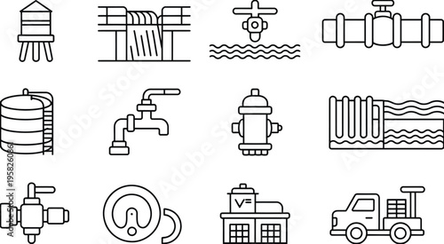 Minimalist line art grid of water infrastructure icons showing valve, hydrant, pump, tank, dam, bridge, meter, service truck, close up utility, clean flat vector illustration