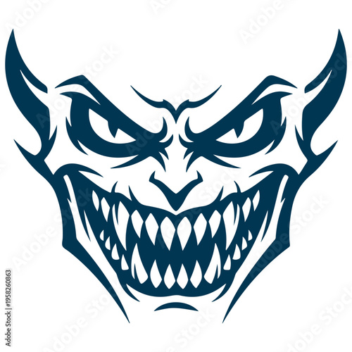 A striking blue mask design featuring exaggerated, pointed teeth and a fierce, unsettling expression.