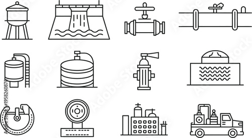Minimalist line art grid of water infrastructure icons showing valve, hydrant, pump, tank, dam, bridge, meter, service truck, close up utility, clean flat vector illustration