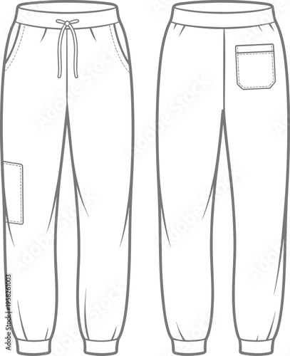 Jogger pants front and back technical fashion flat vector illustration