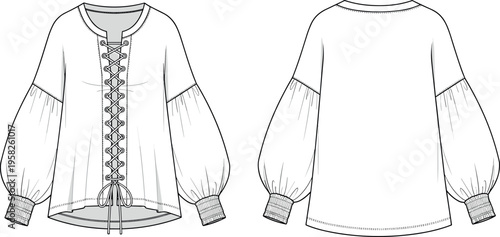 Womens Boho Lace Up Front Blouse Technical Sketch with Bishop Sleeves Smocked Cuffs and Loose Fit Fashion Flat Illustration Vector