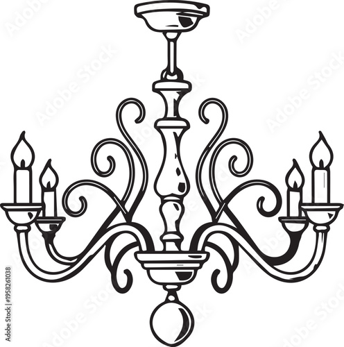 Elegant black and white chandelier line art icon for interior design