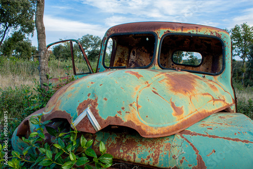 Vieille Voiture Pick up abandonnée en pleine nature. La tôle de cette épave est attaquée par la rouille et le véhicule est complètement déglingué.