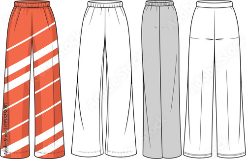 Wide leg pants front and back technical fashion flat vector illustration