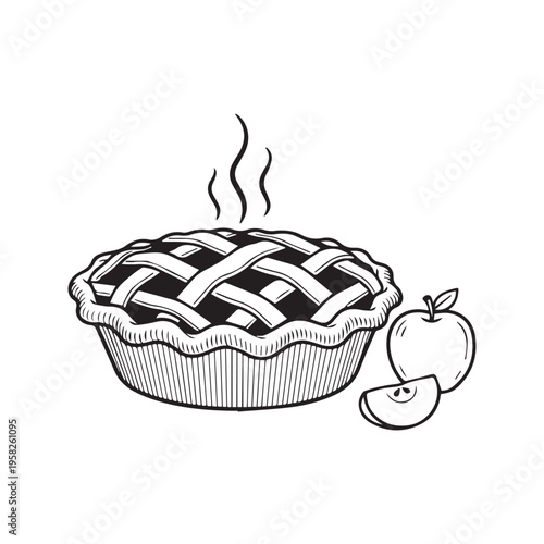 Hand drawn sketch illustration of a steaming baked apple pie with lattice crust and fresh fruit
