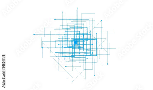 A blue geometric network illustration with intersecting lines and dots
