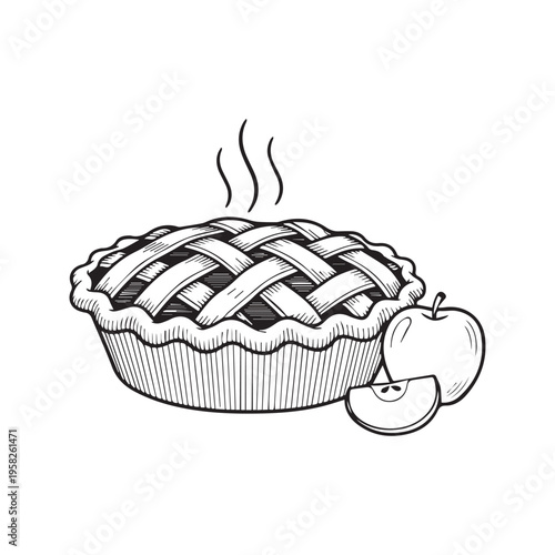Hand drawn sketch illustration of a steaming baked apple pie with lattice crust and fresh fruit
