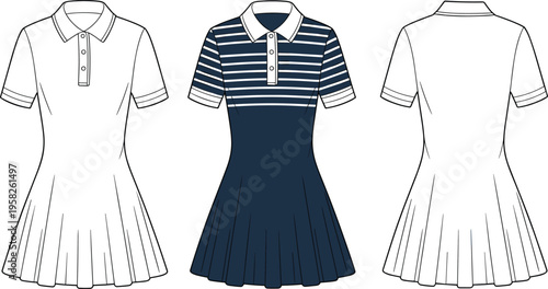 Collared pleated dress front and back technical fashion flat vector illustration