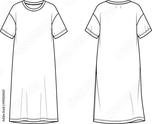 Women's Oversized T-Shirt Maxi Dress Technical Flat Sketch with Side Slits Drop Shoulder Short Sleeves Front and Back View Vector