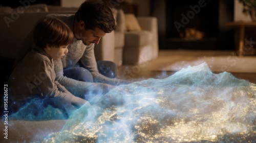 Father and son sitting on the floor in a living room, playing with a large blue and gold glittery object. the object appears to be floating in the air, creating a magical and whimsical scene.
