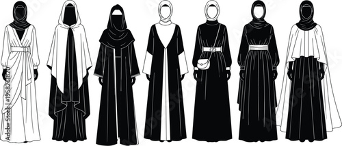 Set of elegant modest fashion silhouettes for Muslim women featuring diverse abaya styles, traditional hijabs, niqab, and modern Islamic clothing designs.