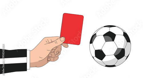 A hand holds a red card next to a black and white soccer ball on a plain white background.