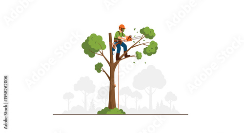 A tree worker in an orange helmet and green shirt prunes a tree with a chainsaw while standing on a branch.