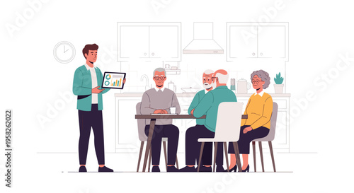 A man presents data on a tablet to four elderly people sitting at a table in a kitchen.