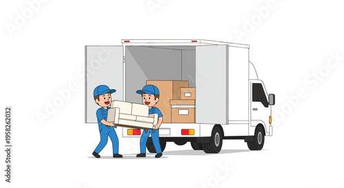 Two smiling movers carry a beige sofa into a white moving truck.
