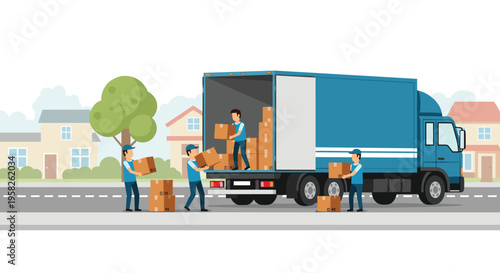 Four movers load cardboard boxes into a large blue moving truck on a residential street.