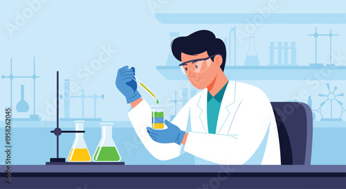 A male scientist in a lab coat and goggles transfers liquid with a pipette in a laboratory.