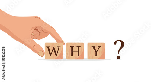 A hand places a wooden W block to spell WHY next to a question mark.