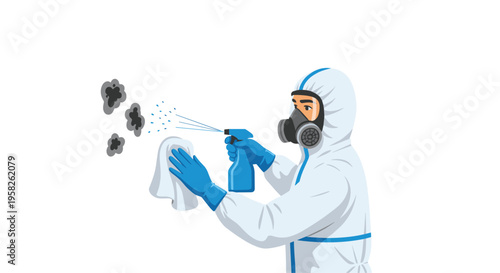 A person in a hazmat suit sprays cleaner on mold patches on a white wall.