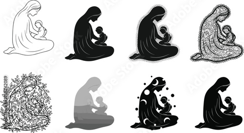 Set of minimalist mother and child silhouettes in various artistic styles including floral lace celestial and line art vector icons