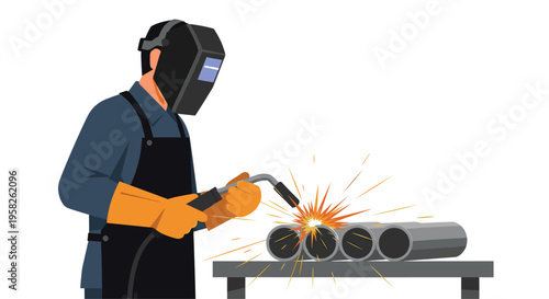A welder in protective gear welds four metal pipes on a table, creating bright sparks.