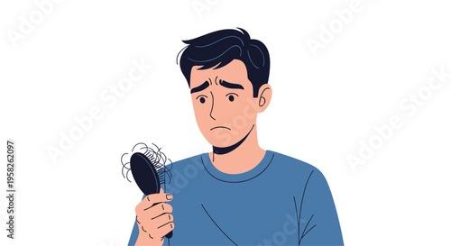 A sad young man holds a hairbrush with fallen hair, looking concerned.
