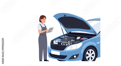 A female mechanic in overalls reviews information on a tablet next to a blue car with its hood open.