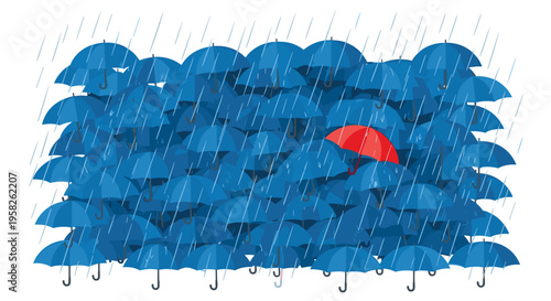 A dense crowd of people with blue umbrellas is seen from above, with one red umbrella standing out in the rain.