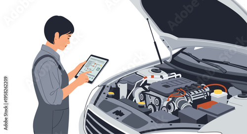 A female mechanic examines a grey car's open engine while holding a tablet with a diagnostic interface.