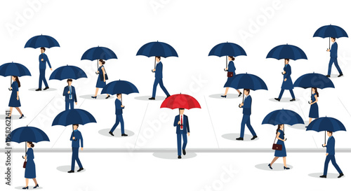 A diverse group of people walks with blue umbrellas, with one individual standing out with a red umbrella.
